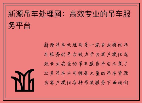 新源吊车处理网：高效专业的吊车服务平台