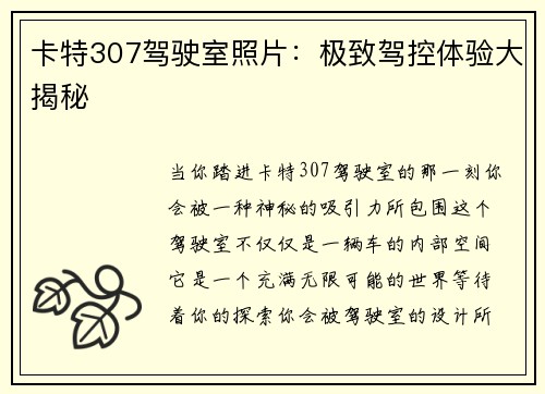 卡特307驾驶室照片：极致驾控体验大揭秘