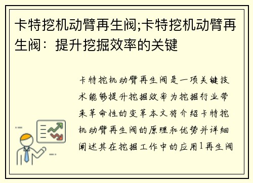 卡特挖机动臂再生阀;卡特挖机动臂再生阀：提升挖掘效率的关键