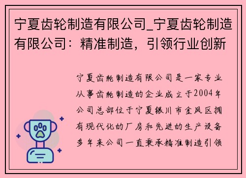 宁夏齿轮制造有限公司_宁夏齿轮制造有限公司：精准制造，引领行业创新