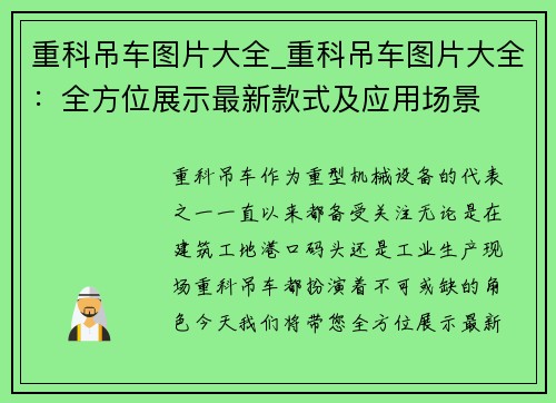 重科吊车图片大全_重科吊车图片大全：全方位展示最新款式及应用场景